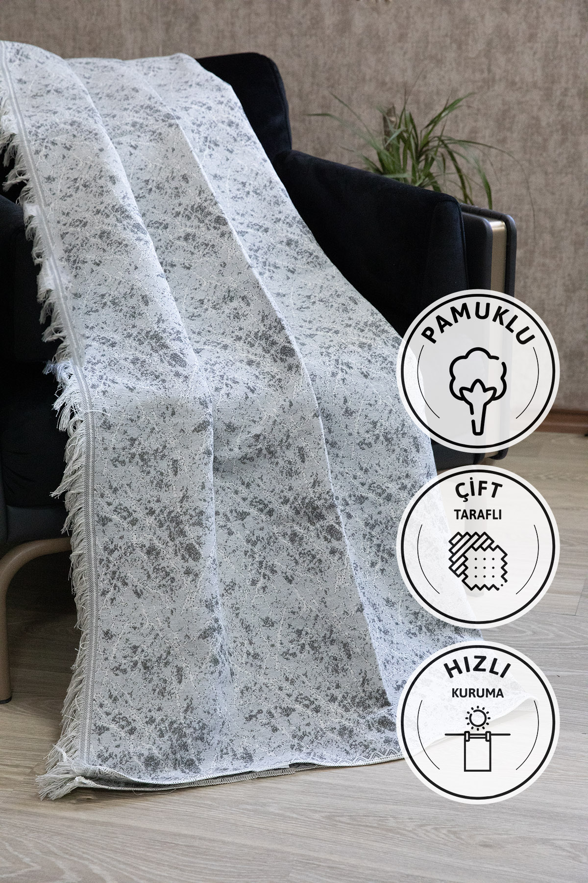 Mozaik Pamuklu Saçaklı Koltuk - Çekyat Örtüsü 170x220 - Gri Mozaik Pamuklu Saçaklı Koltuk - Çekyat Örtüsü 170x220 - Gri