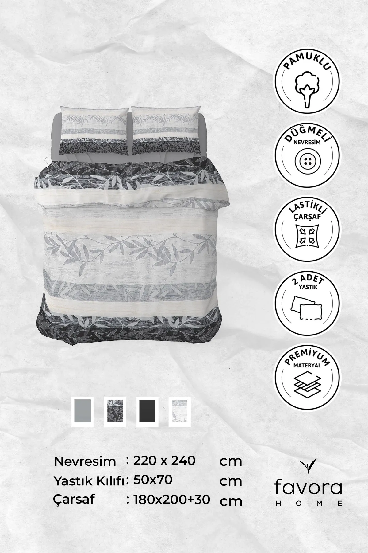 Natura Lastikli Çarşaflı Çift Kişilik Nevresim Takımı - Gri Natura Lastikli Çarşaflı Çift Kişilik Nevresim Takımı - Gri