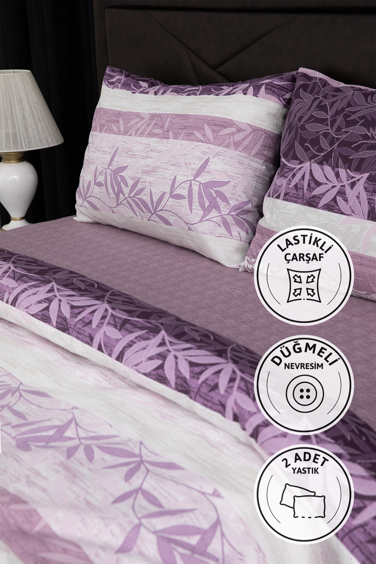 Natura Lastikli Çarşaflı Çift Kişilik Nevresim Takımı - Mürdüm Natura Lastikli Çarşaflı Çift Kişilik Nevresim Takımı - Mürdüm