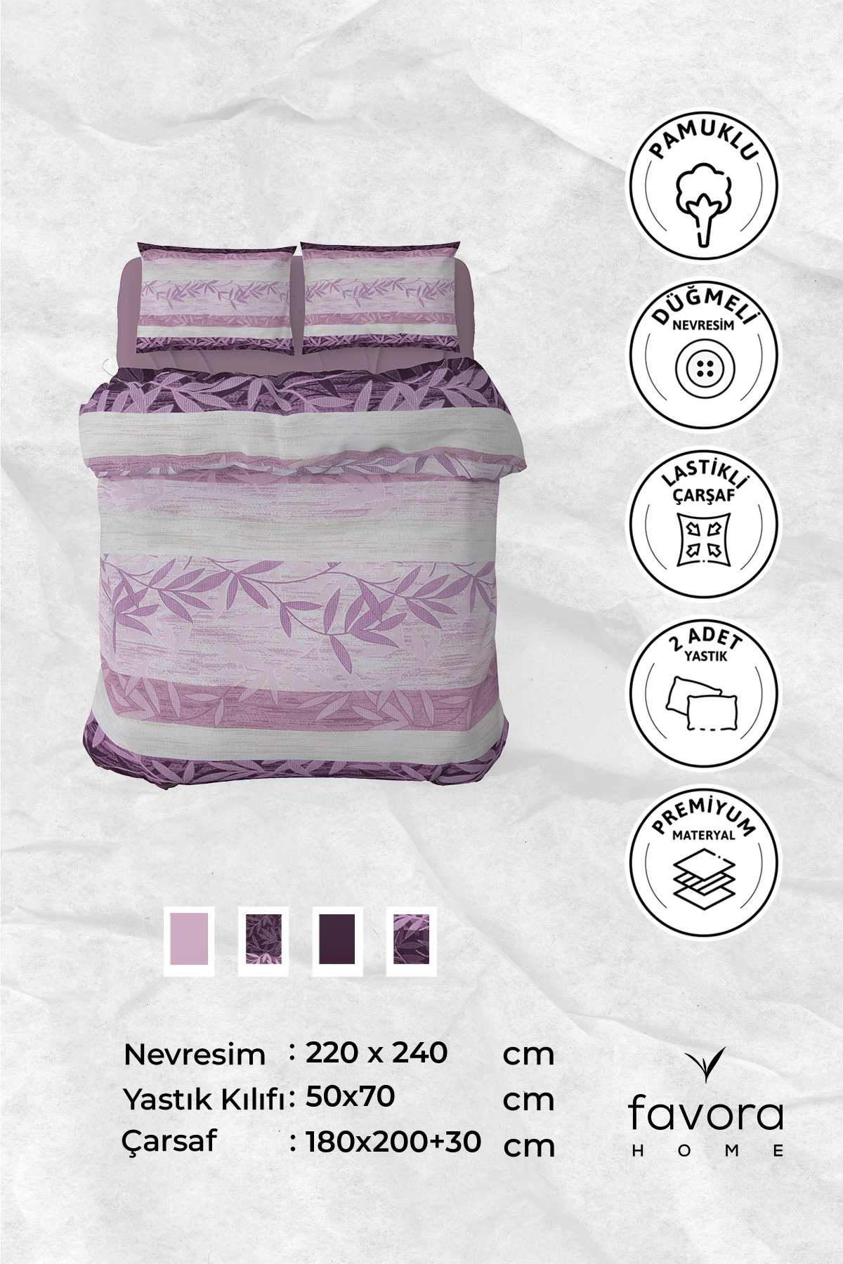 Natura Lastikli Çarşaflı Çift Kişilik Nevresim Takımı - Mürdüm Natura Lastikli Çarşaflı Çift Kişilik Nevresim Takımı - Mürdüm