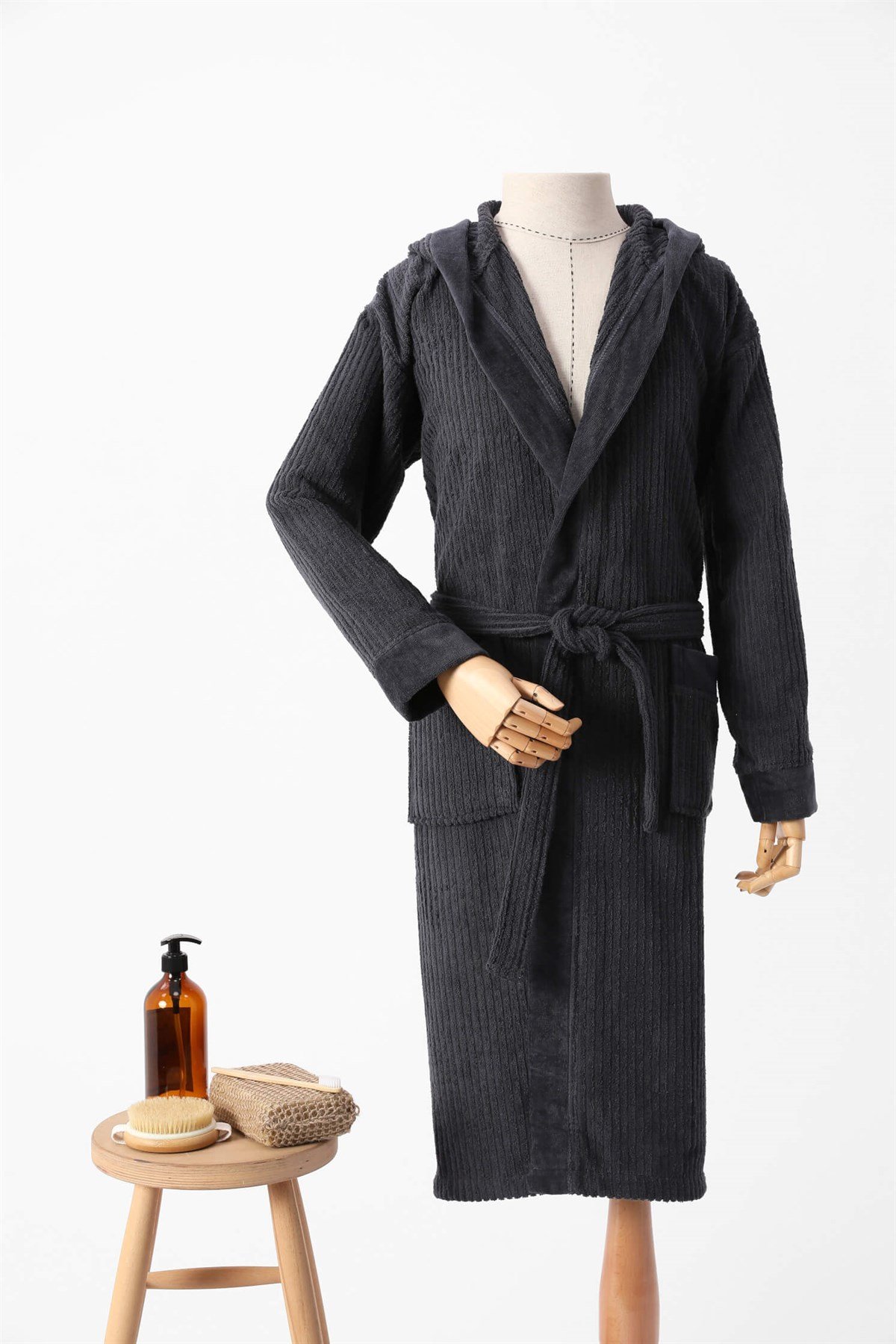 Nurpak Ekol Kapşonlu Pamuklu Tekli Bornoz Unisex L/XL - Antrasit