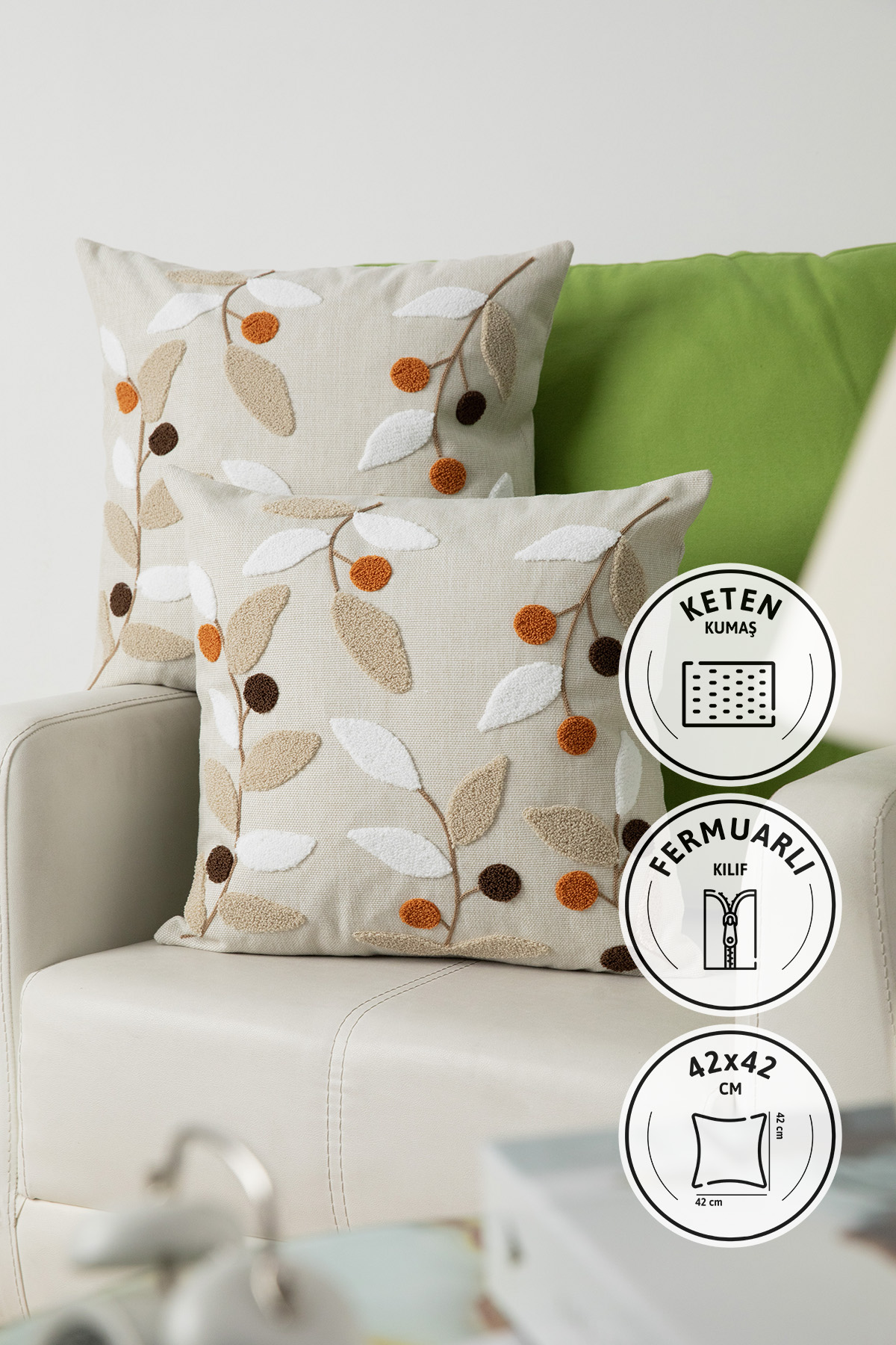 Olivya Keten Punch Nakışlı 2'li Kırlent Kılıfı 42x42 - Kiremit Olivya Keten Punch Nakışlı 2'li Kırlent Kılıfı 42x42 - Kiremit