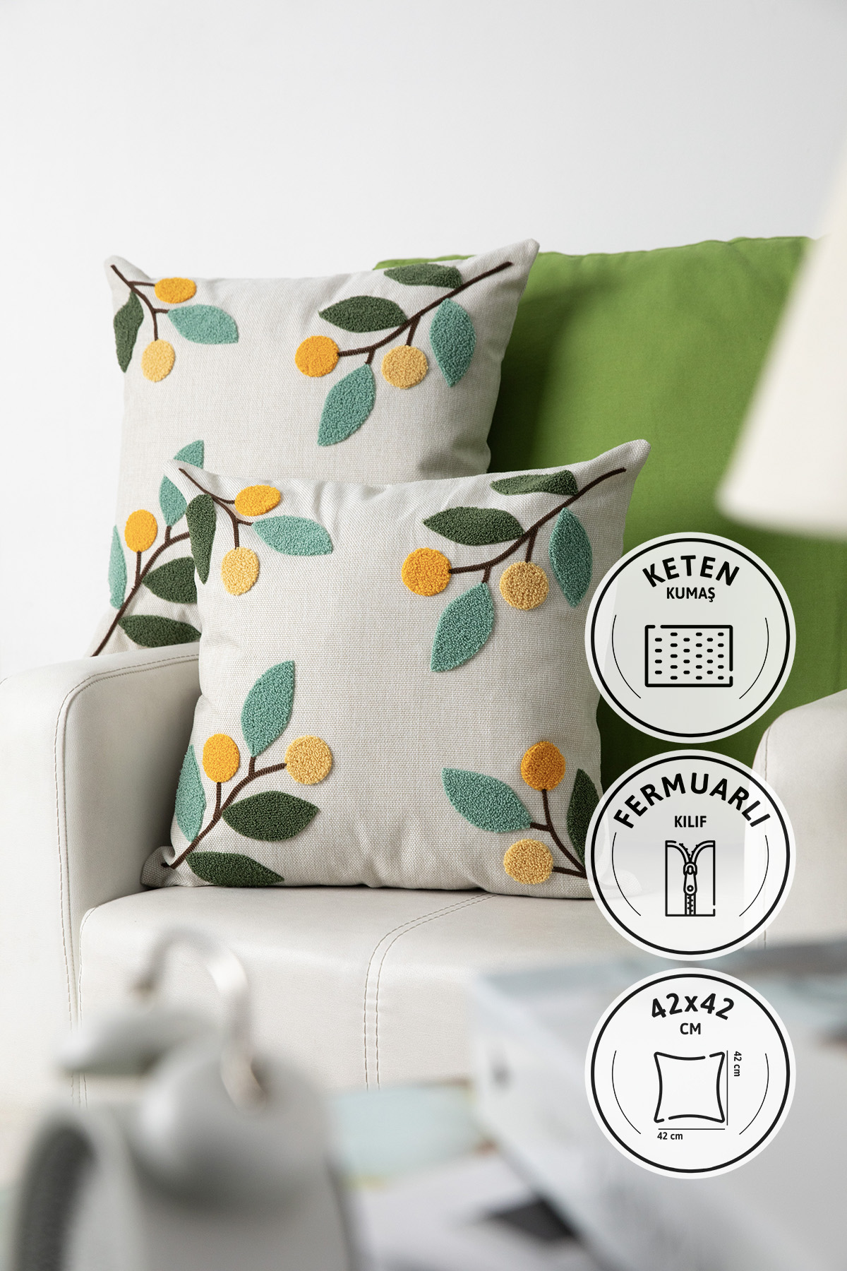 Olivya Keten Punch Nakışlı 2'li Kırlent Kılıfı 42x42 - Yeşil Olivya Keten Punch Nakışlı 2'li Kırlent Kılıfı 42x42 - Yeşil