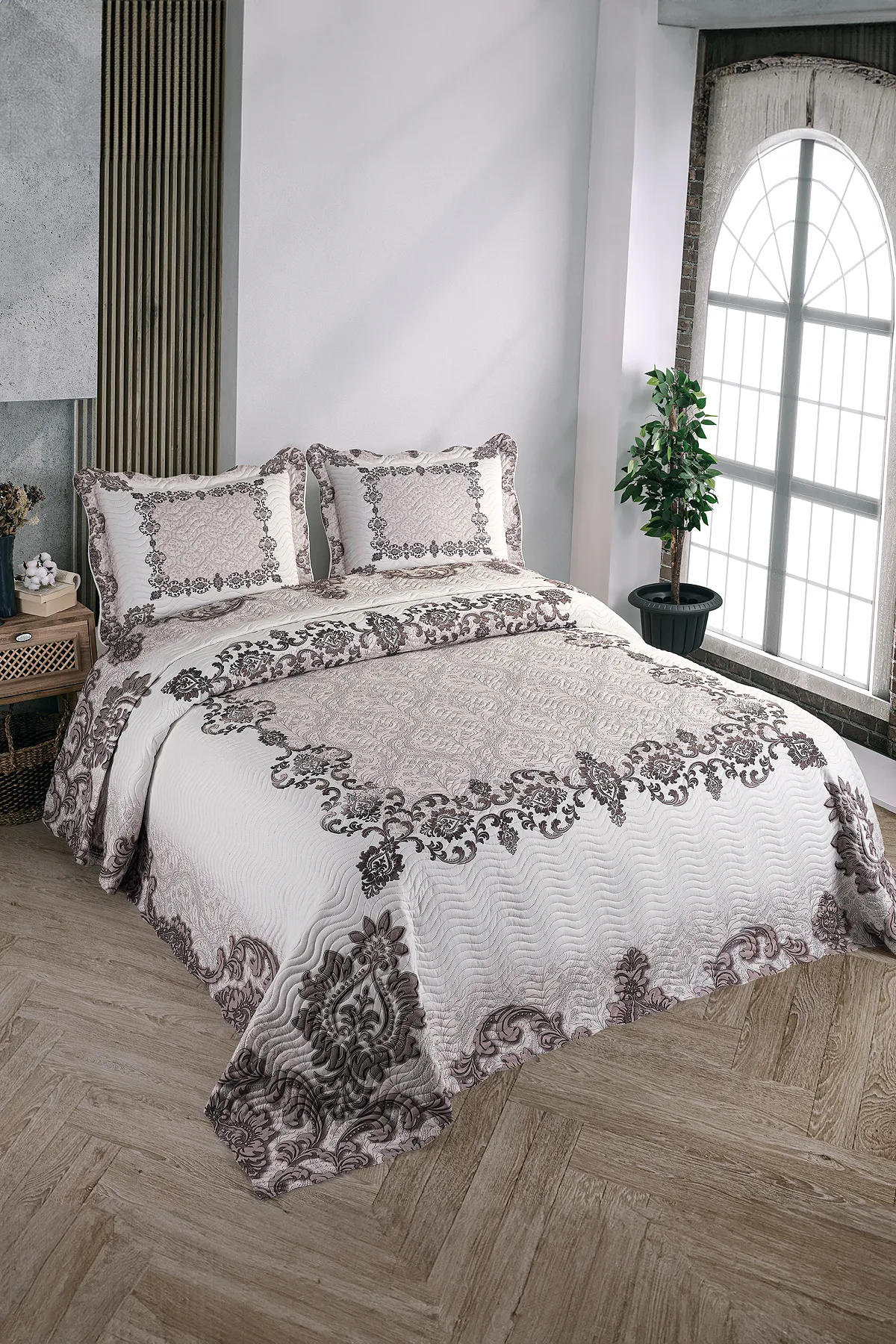 Örtüm Karya Çift Kişilik Kapitone Yatak Örtüsü Takımı - Kahverengi Örtüm Karya Çift Kişilik Kapitone Yatak Örtüsü Takımı - Kahverengi