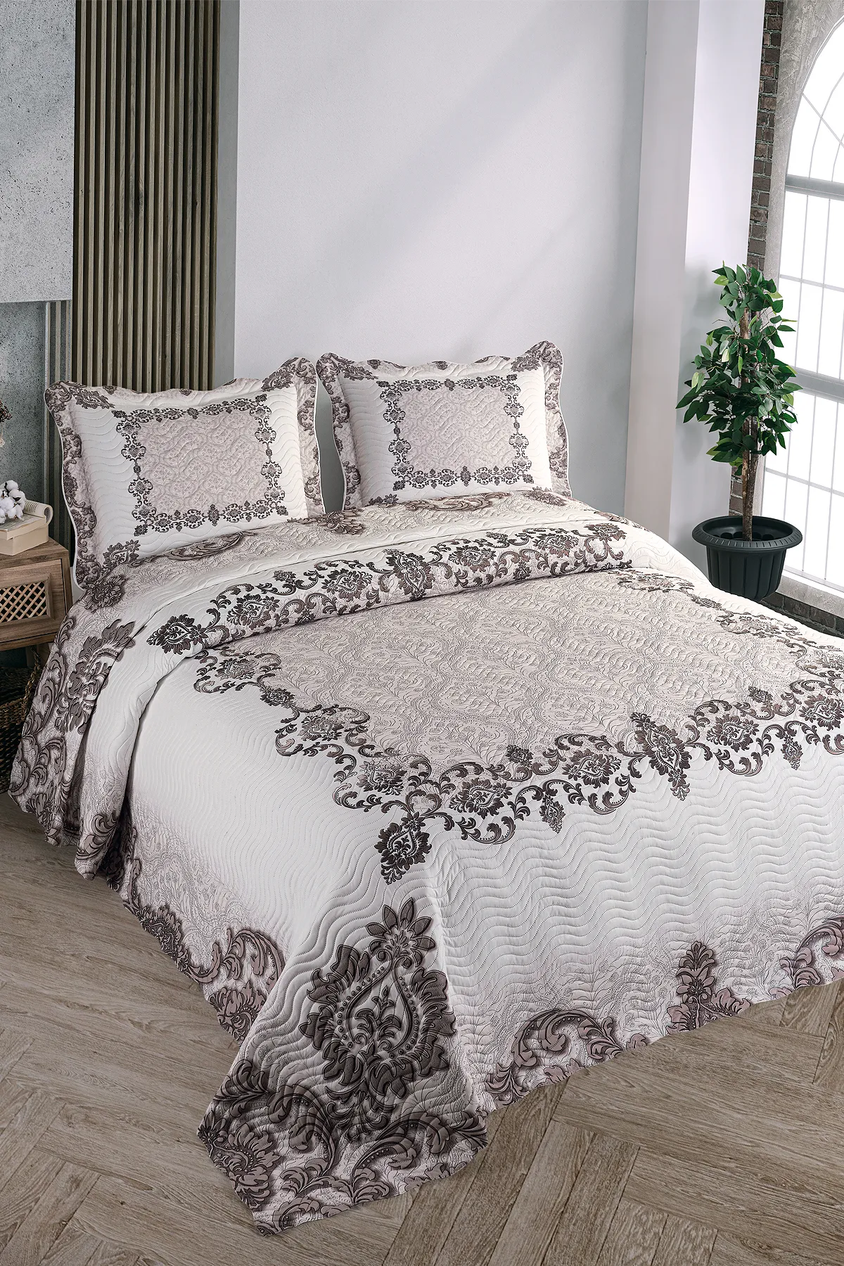 Örtüm Karya Çift Kişilik Kapitone Yatak Örtüsü Takımı - Kahverengi Örtüm Karya Çift Kişilik Kapitone Yatak Örtüsü Takımı - Kahverengi