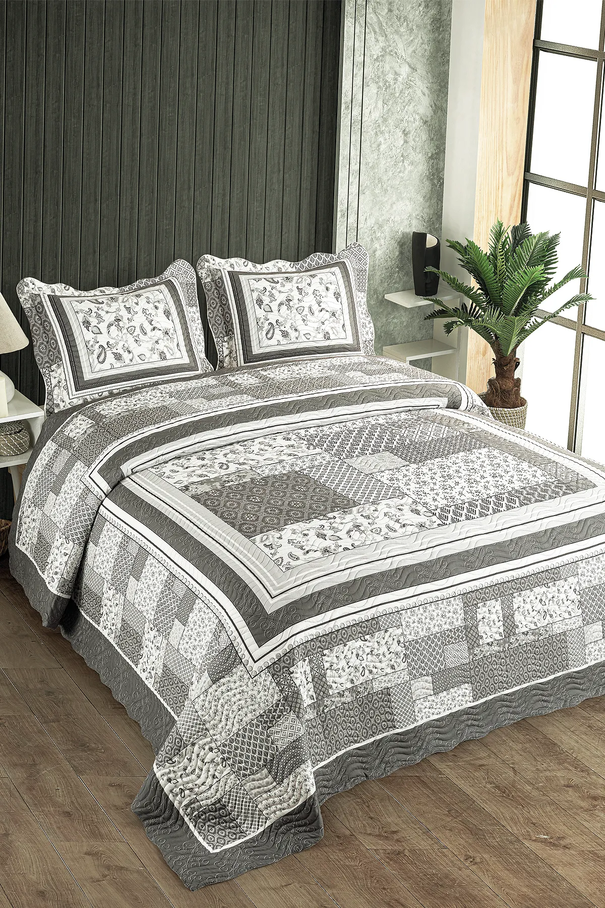 Örtüm Luna Çift Kişilik Kapitone Yatak Örtüsü Takımı - Gri Örtüm Luna Çift Kişilik Kapitone Yatak Örtüsü Takımı - Gri