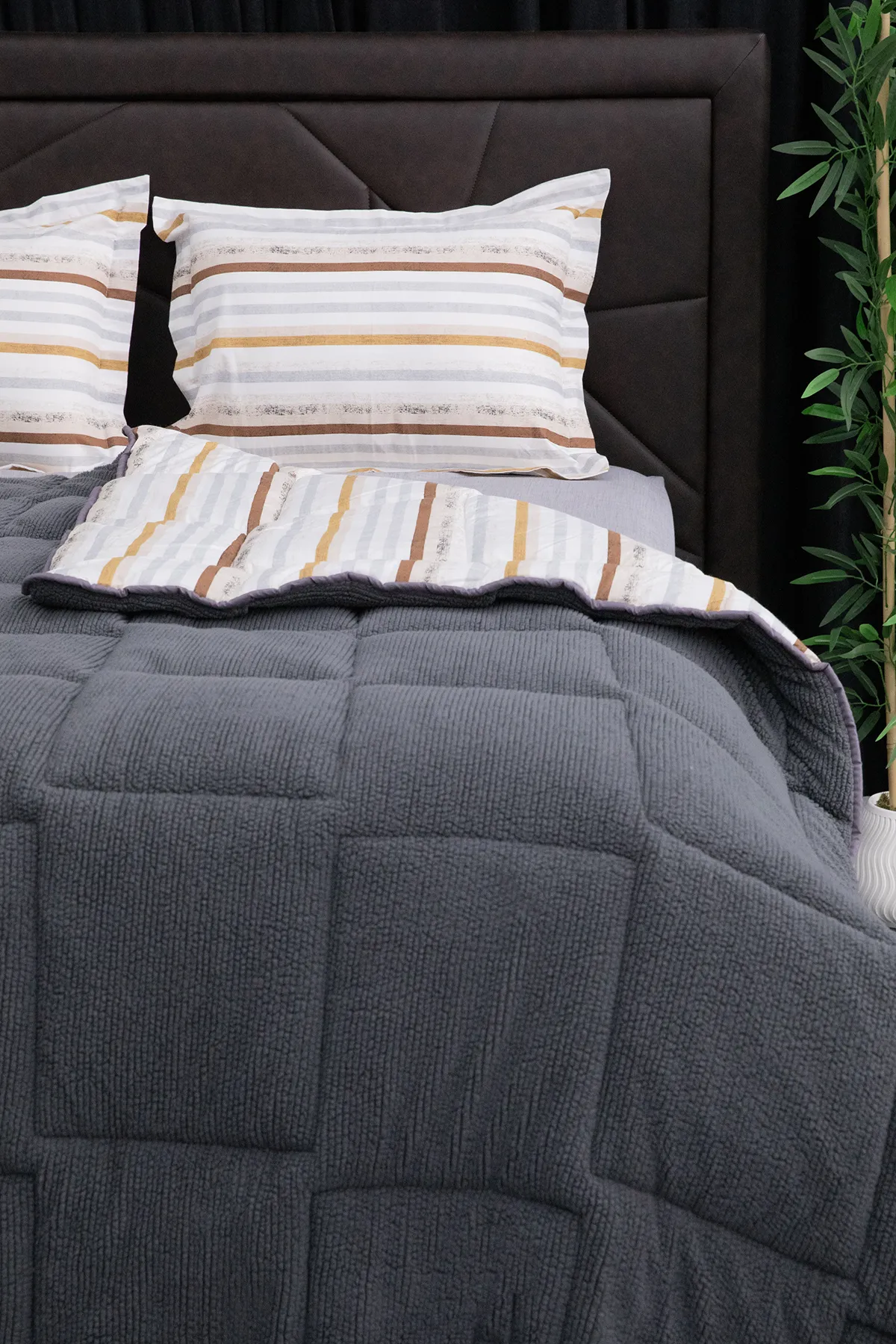 Oso Blanco Sherpa Çift Kişilik Comforter Uyku Seti -  Antrasit