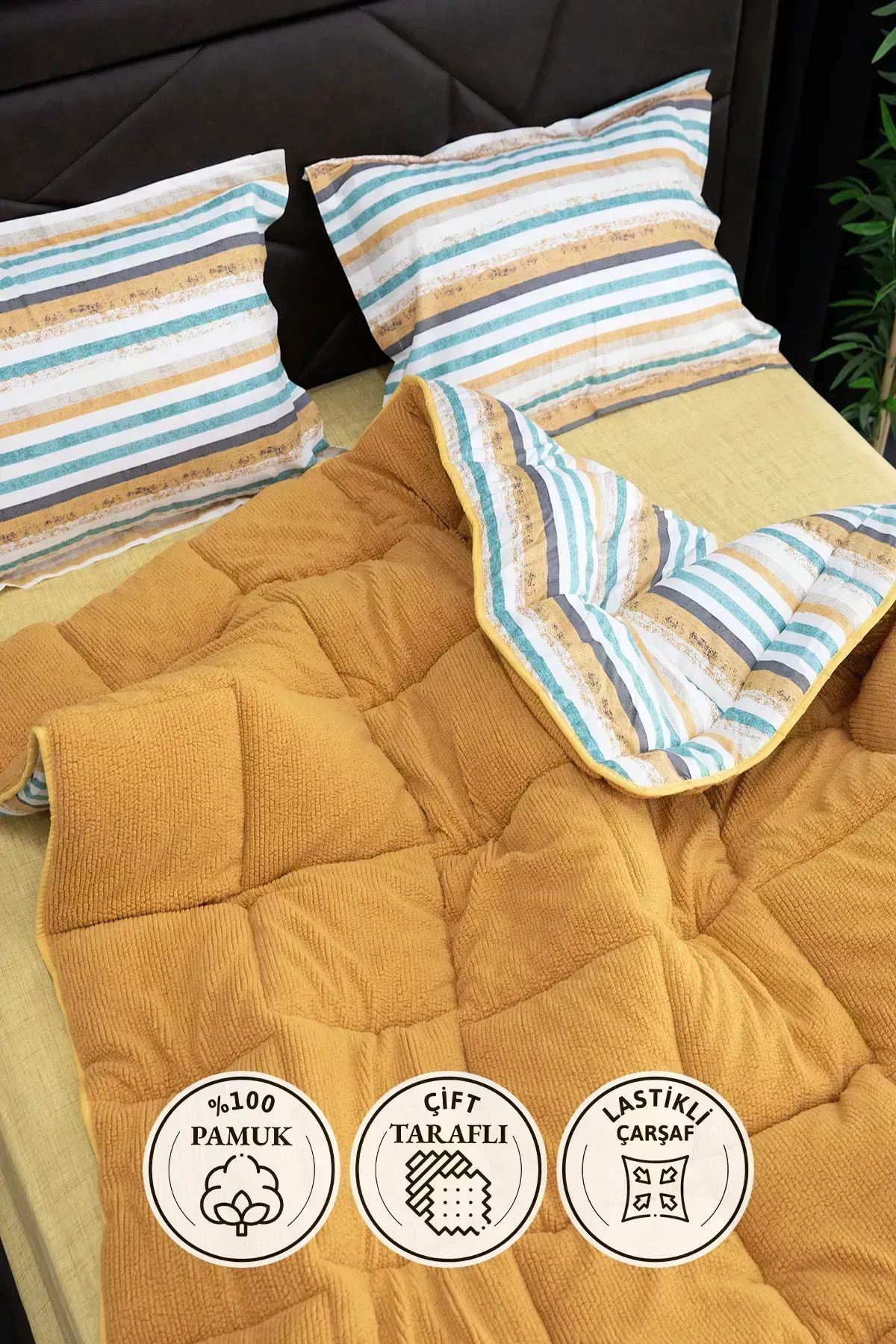 Oso Blanco Sherpa Çift Kişilik Comforter Uyku Seti - Hardal