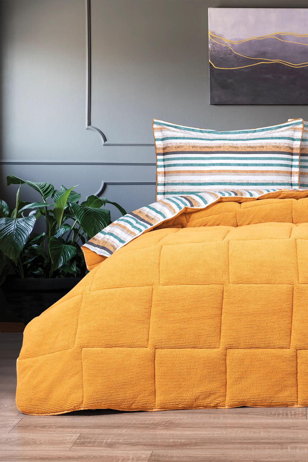 Oso Blanco Sherpa Çift Kişilik Comforter Uyku Seti - Hardal