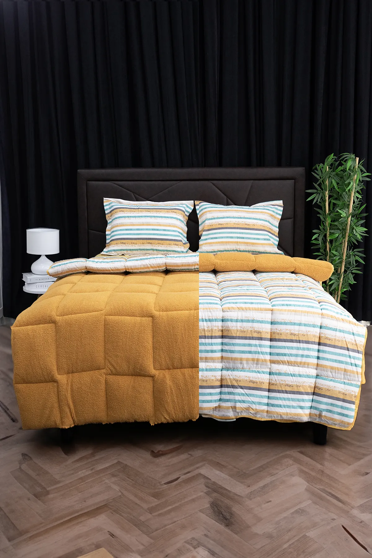 Oso Blanco Sherpa Çift Kişilik Comforter Uyku Seti - Hardal