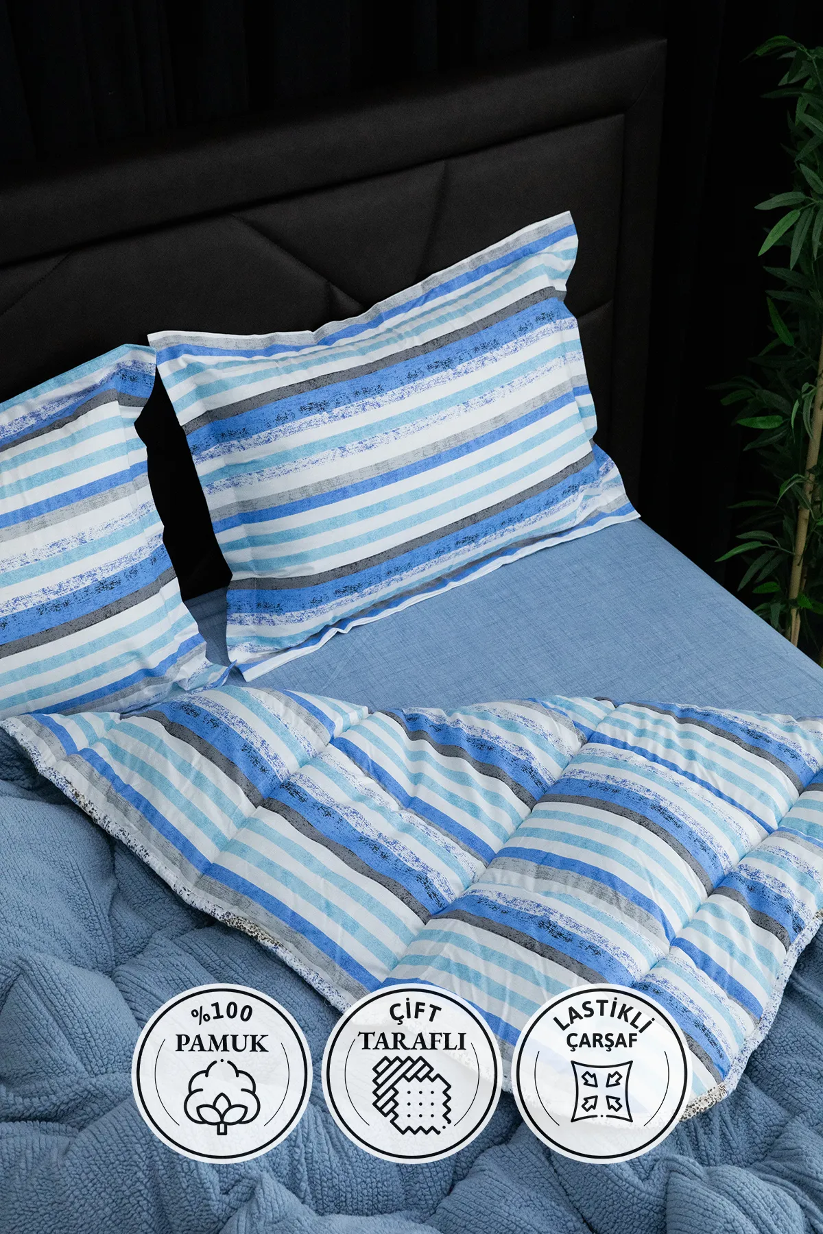 Oso Blanco Sherpa Çift Kişilik Comforter Uyku Seti - Mavi