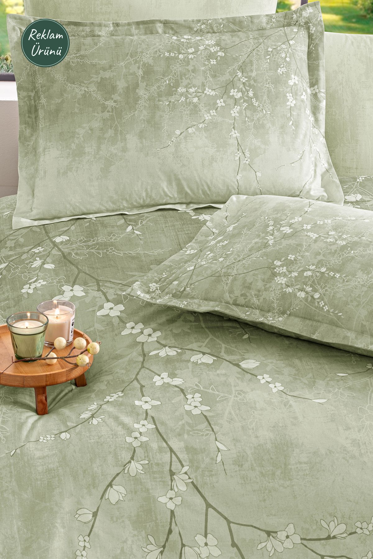 Özdilek White Sakura Çift Kişilik Nevresim Takımı Mum Hediyeli - Yeşil