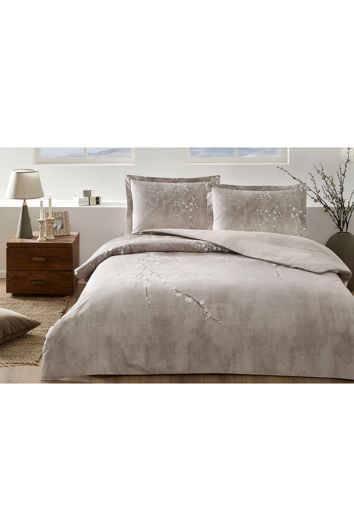 Özdilek White Sakura Fitted Çift Kişilik Nevresim Takımı - Bej