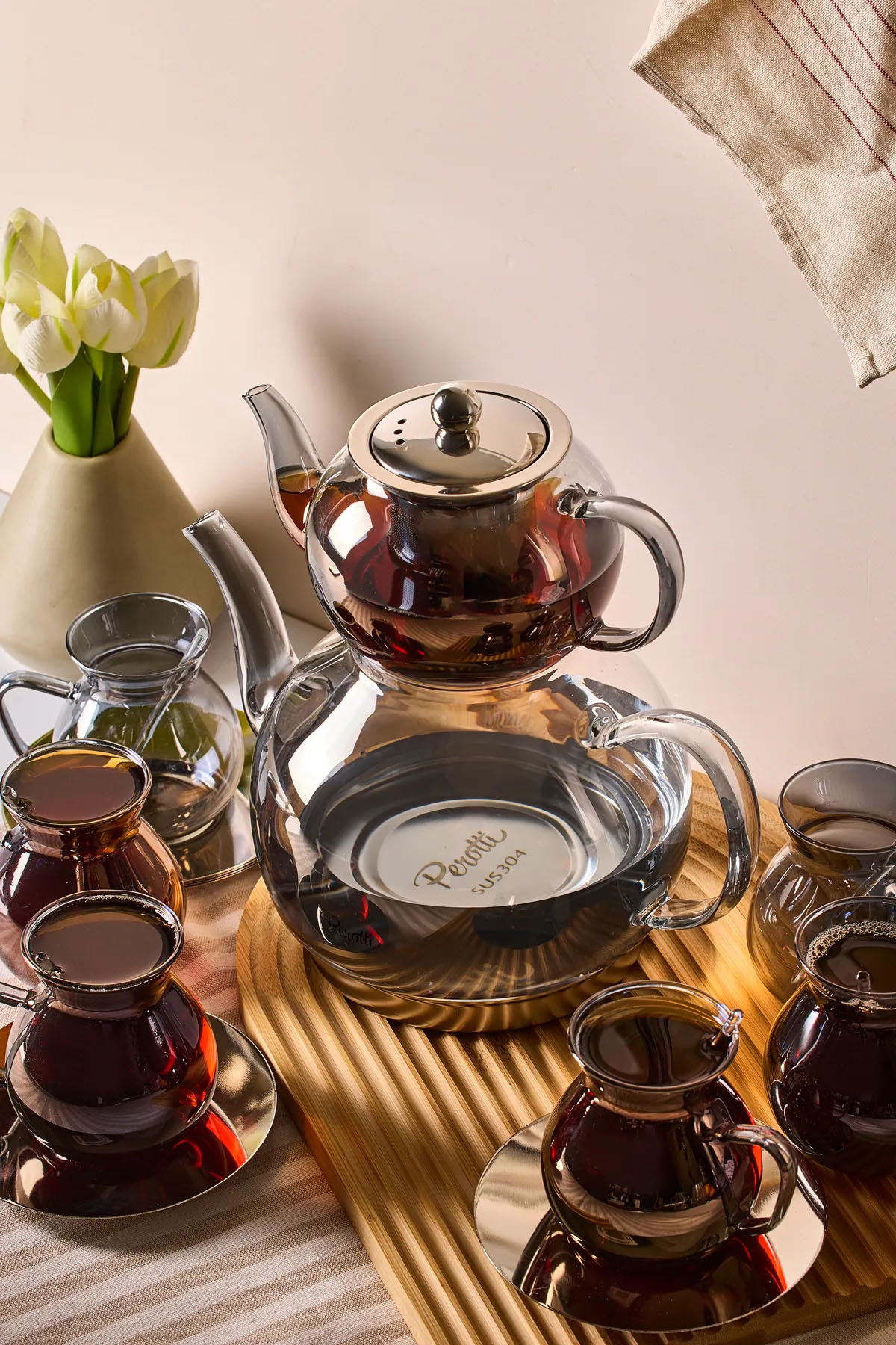 Perotti 16506 Keyfxİ Ala Füme 20 Parça İndüksiyon Tabanlı Borosilikat Çay Seti