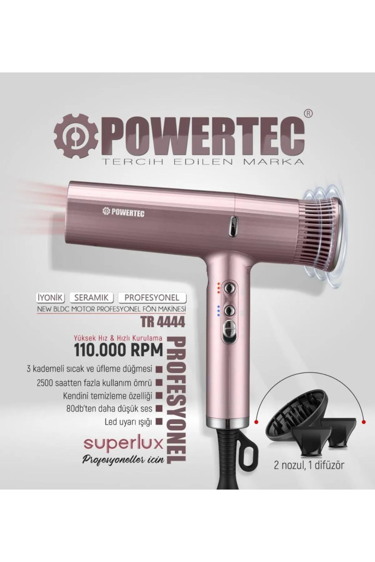 Powertec TR-4444 Süperlux Ionıc Fön Makinesi - Rose