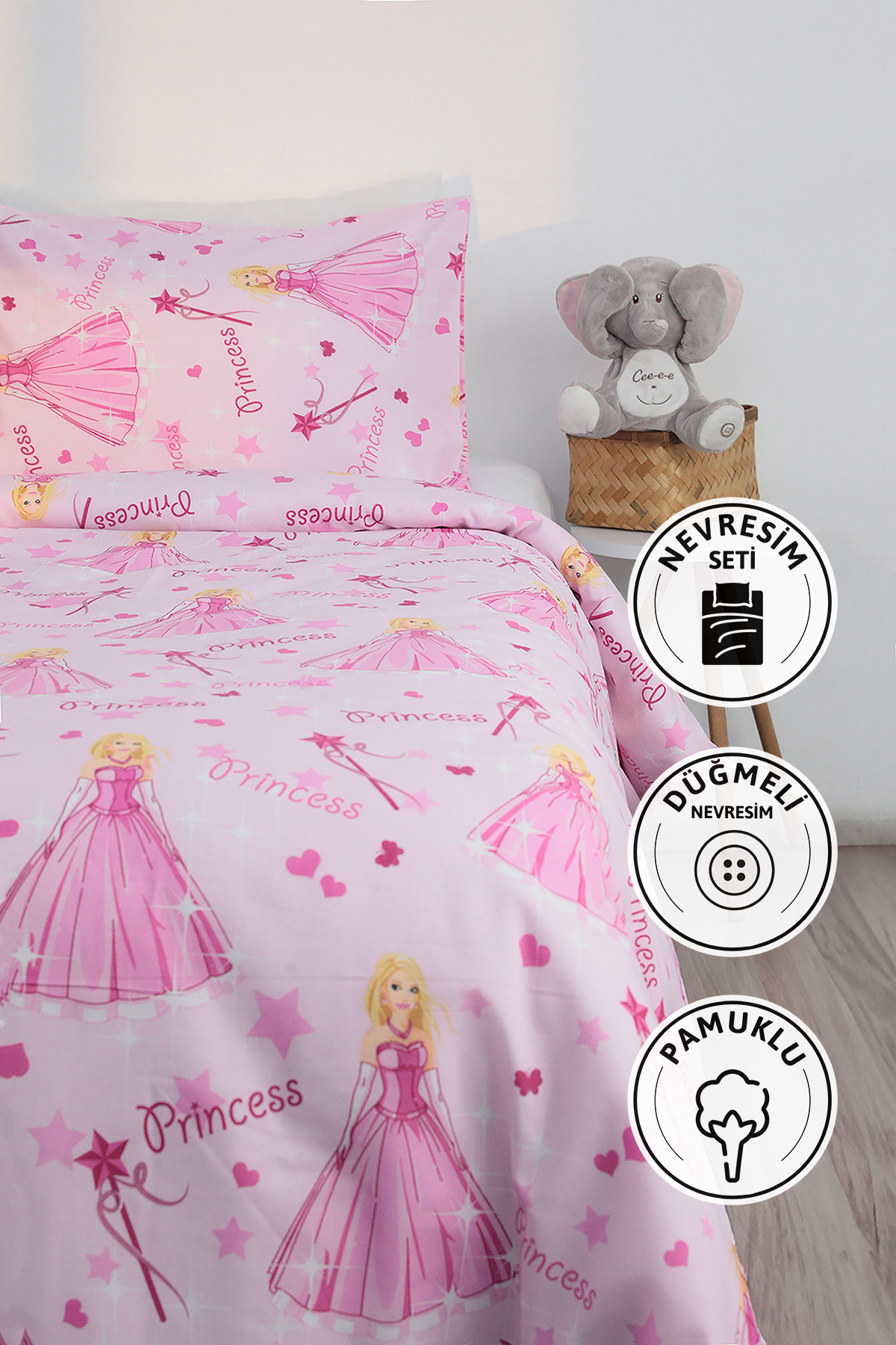 Prenses Desen Tek Kişilik Nevresim Seti - Pembe Prenses Desen Tek Kişilik Nevresim Seti - Pembe