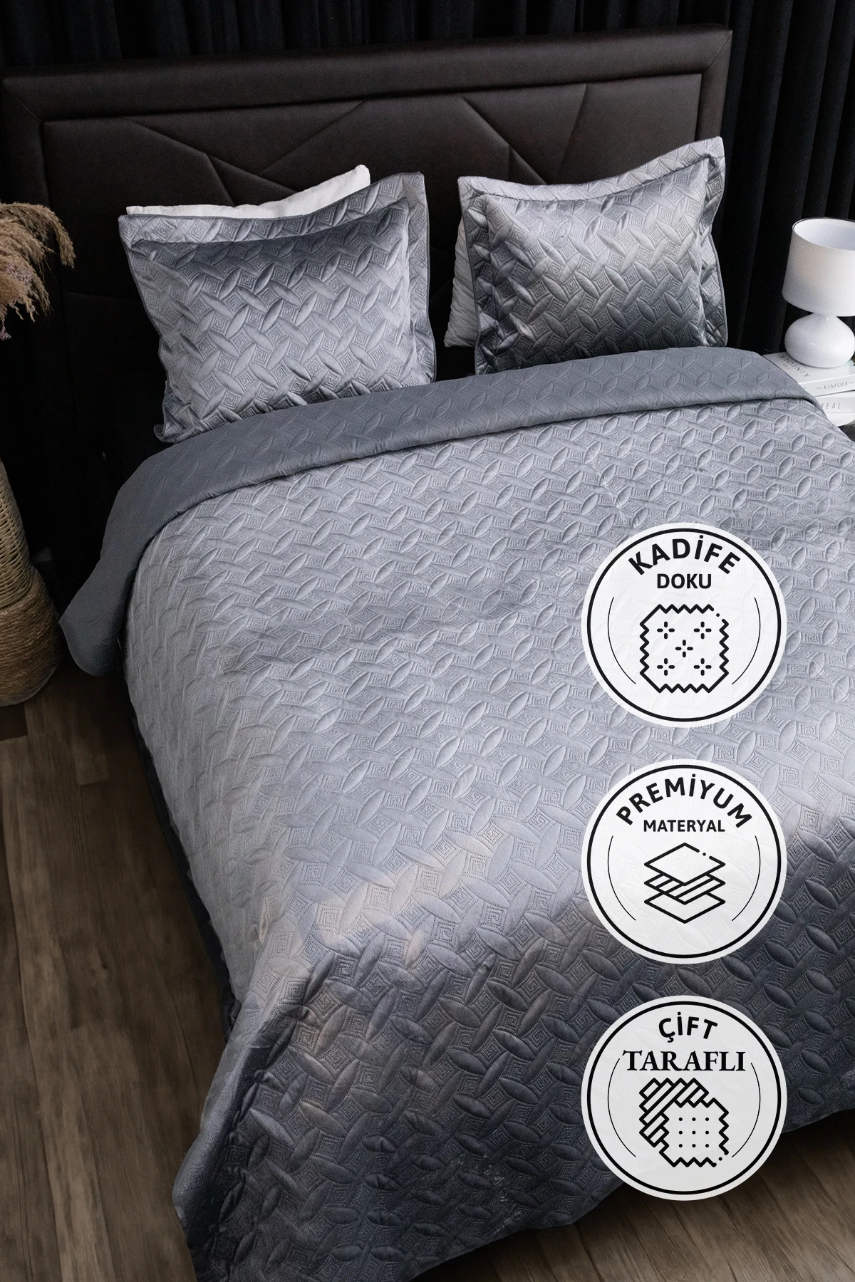 Queen Kadife Çift Kişilik Yatak Örtüsü - Antrasit Queen Kadife Çift Kişilik Yatak Örtüsü - Antrasit