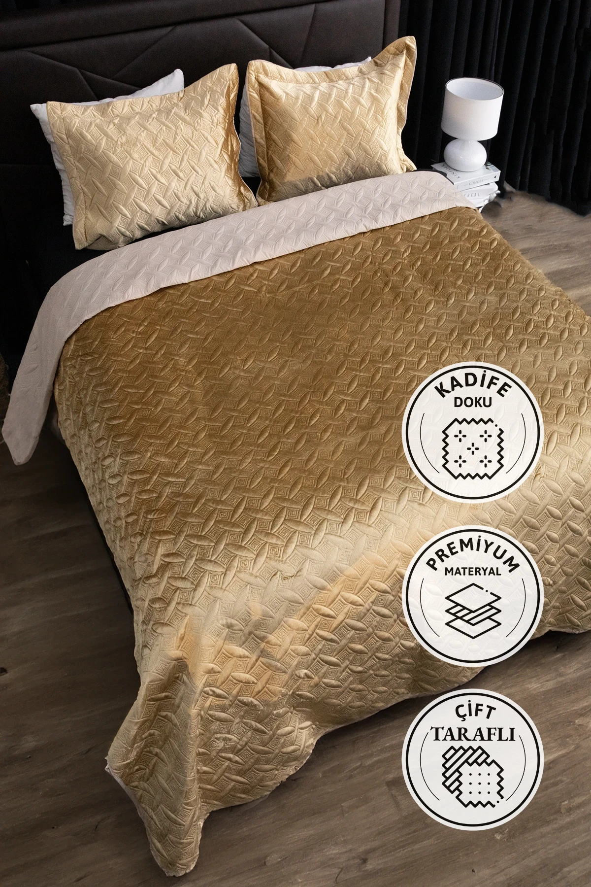 Queen Kadife Çift Kişilik Yatak Örtüsü - Gold Queen Kadife Çift Kişilik Yatak Örtüsü - Gold