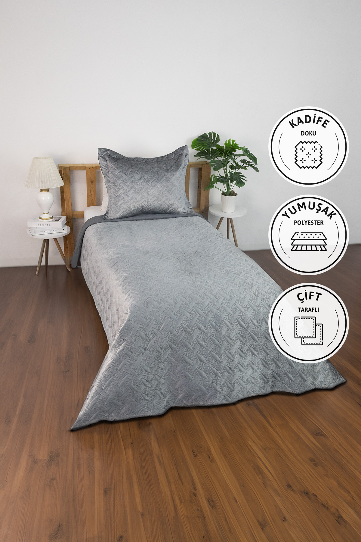 Queen Kadife Tek Kişilik Yatak Örtüsü - Antrasit Queen Kadife Tek Kişilik Yatak Örtüsü - Antrasit