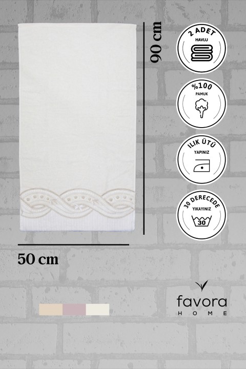 %100 Pamuk Fiyonk Güpürlü Çeyizlik 2'li Havlu 50x90 - Krem