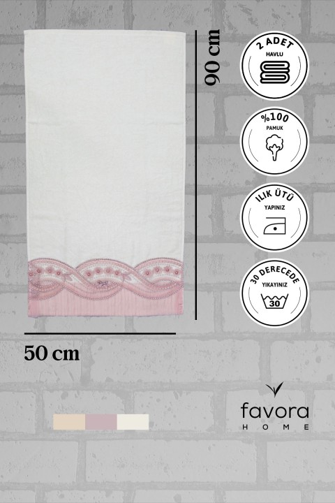 %100 Pamuk Fiyonk Güpürlü Çeyizlik 2'li Havlu 50x90 - Pudra