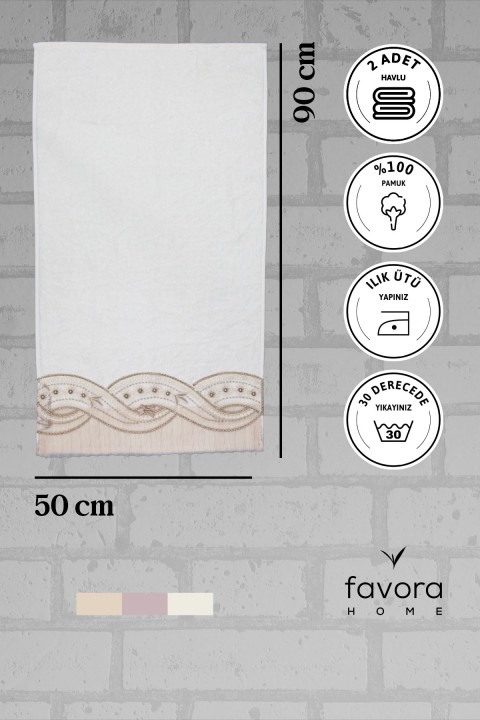 %100 Pamuk Fiyonk Güpürlü Çeyizlik 2'li Havlu 50x90 - Vizon