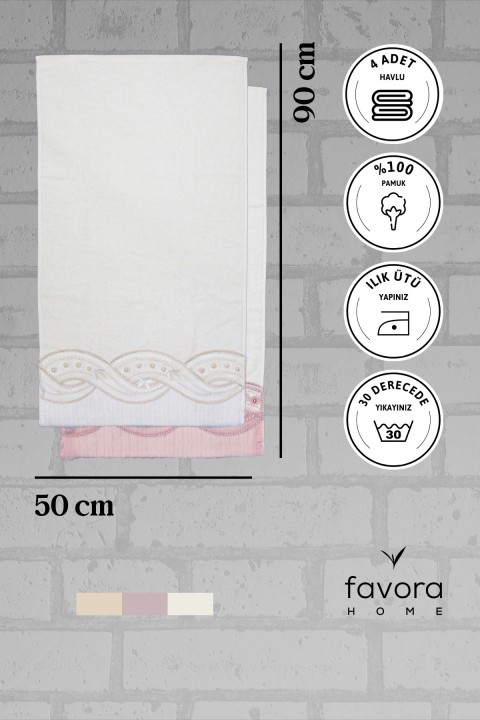 %100 Pamuk Fiyonk Güpürlü Çeyizlik 4'lü Havlu 50x90 - Krem - Pudra