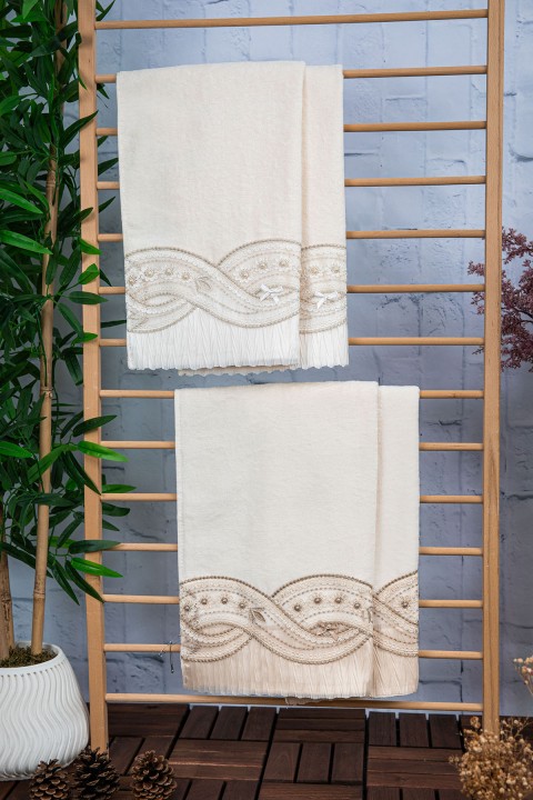 %100 Pamuk Fiyonk Güpürlü Çeyizlik 4'lü Havlu 50x90 - Krem - Vizon