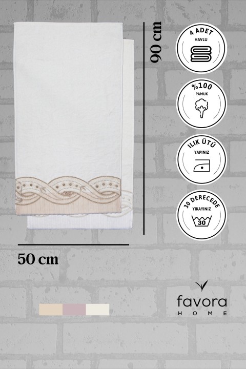 %100 Pamuk Fiyonk Güpürlü Çeyizlik 4'lü Havlu 50x90 - Krem - Vizon