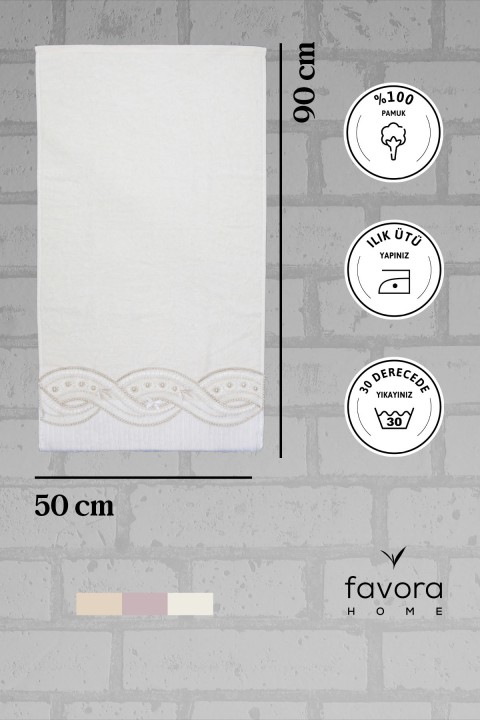 %100 Pamuk Fiyonk Güpürlü Çeyizlik Havlu 50x90 - Krem