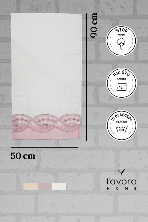 %100 Pamuk Fiyonk Güpürlü Çeyizlik Havlu 50x90 - Pudra
