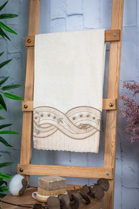 %100 Pamuk Fiyonk Güpürlü Çeyizlik Havlu 50x90 - Vizon