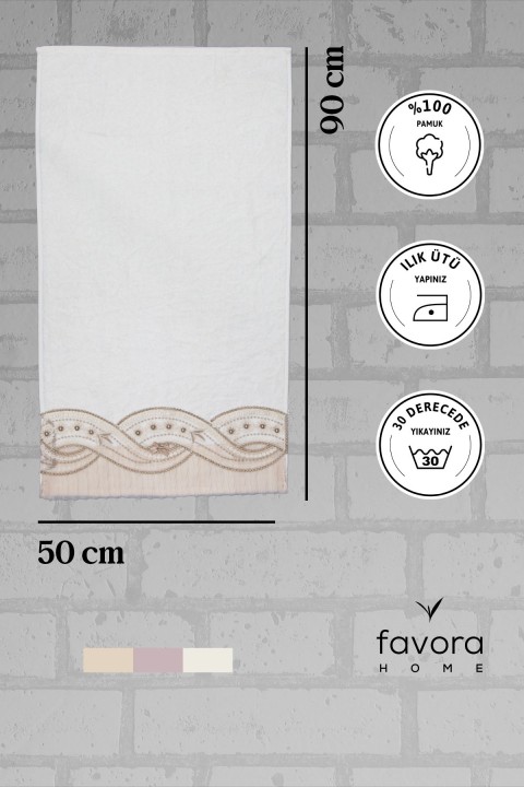 %100 Pamuk Fiyonk Güpürlü Çeyizlik Havlu 50x90 - Vizon