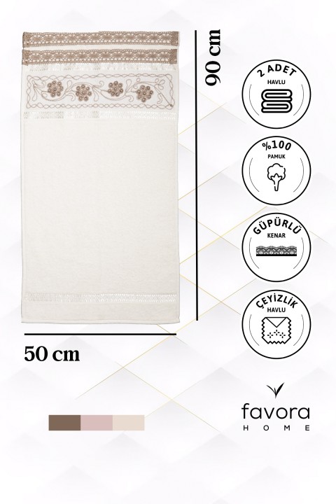 %100 Pamuk Güpürlü Çeyizlik 2'li Havlu 50x90 - Kahve