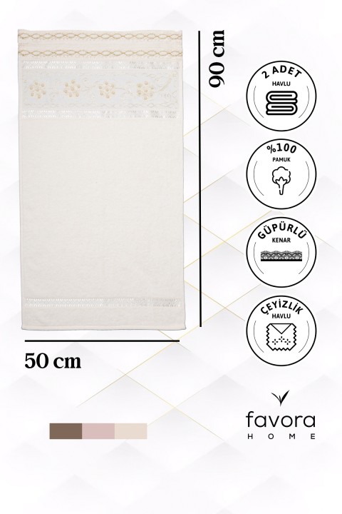 %100 Pamuk Güpürlü Çeyizlik 2'li Havlu 50x90 - Krem