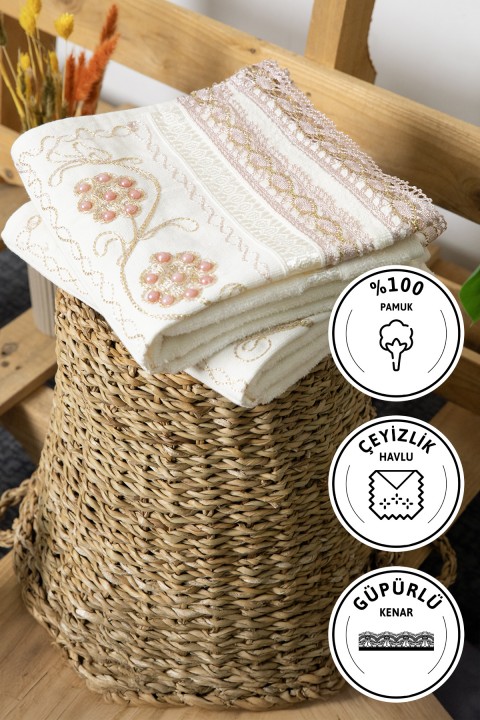 %100 Pamuk Güpürlü Çeyizlik 2'li Havlu 50x90 - Pudra
