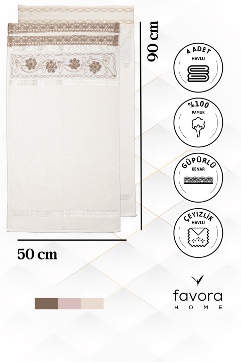 %100 Pamuk Güpürlü Çeyizlik 4'lü Havlu 50x90 - Krem - Kahve