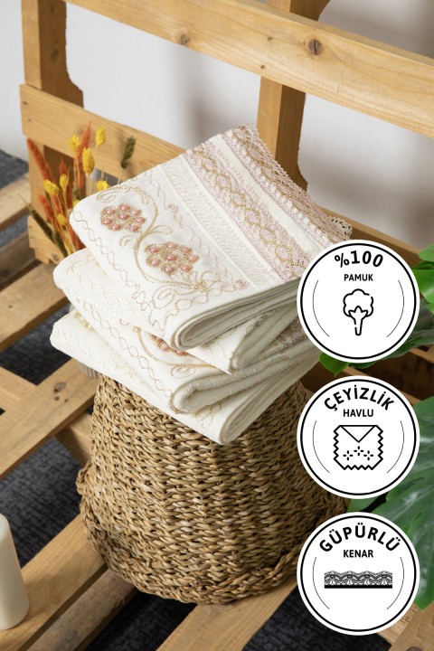 %100 Pamuk Güpürlü Çeyizlik 4lü Havlu 50x90 - Krem - Pudra