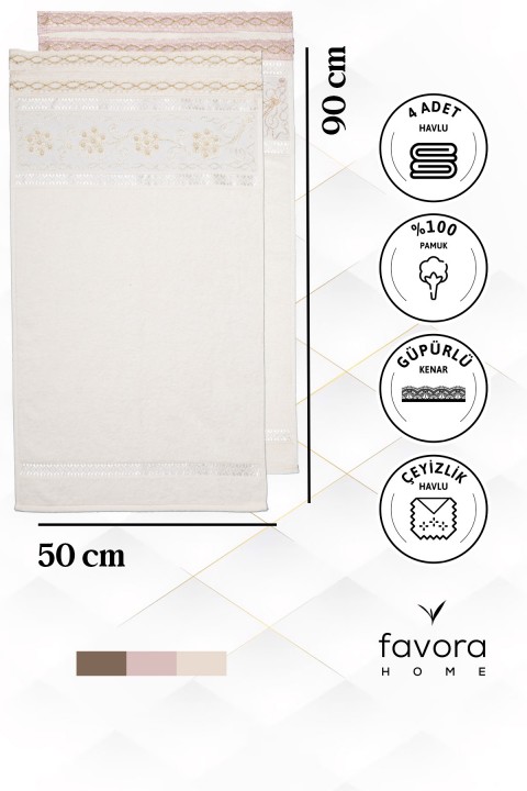 %100 Pamuk Güpürlü Çeyizlik 4'lü Havlu 50x90 - Krem - Pudra