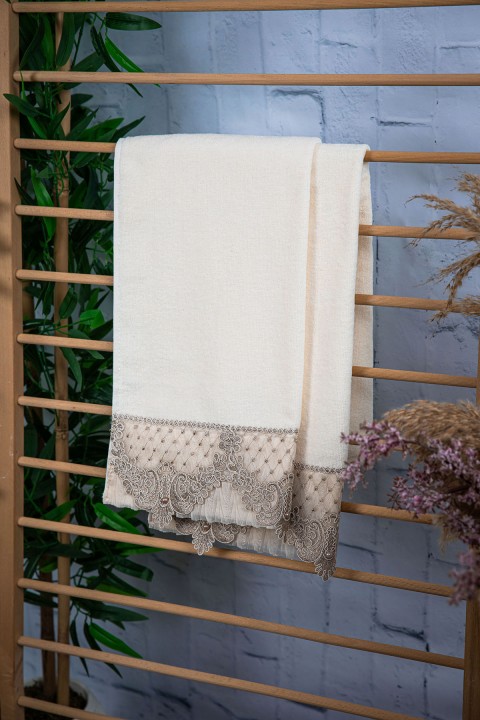 %100 Pamuk İnci Güpürlü Çeyizlik 2'li Havlu 50x90 - Vizon