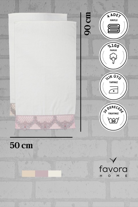 %100 Pamuk İnci Güpürlü Çeyizlik 4'lü Havlu 50x90 - Krem - Pudra