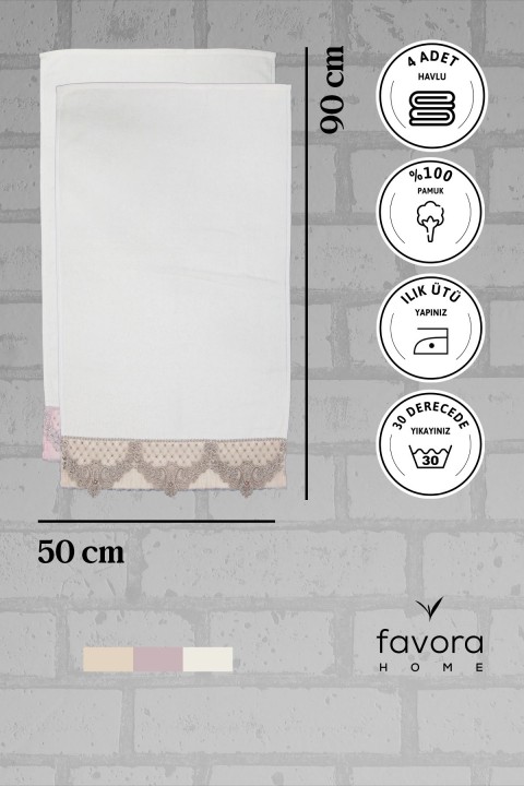 %100 Pamuk İnci Güpürlü Çeyizlik 4'lü Havlu 50x90 - Pudra - Vizon