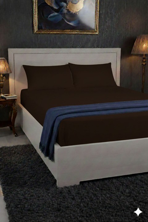 %100 Pamuk Ranforce Premium Çift Kişilik Lastikli Çarşaf Seti - Kahverengi