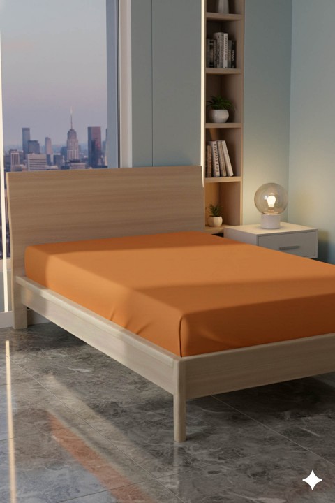 %100 Pamuk Ranforce Premium Tek Kişilik Lastikli Çarşaf - Turuncu