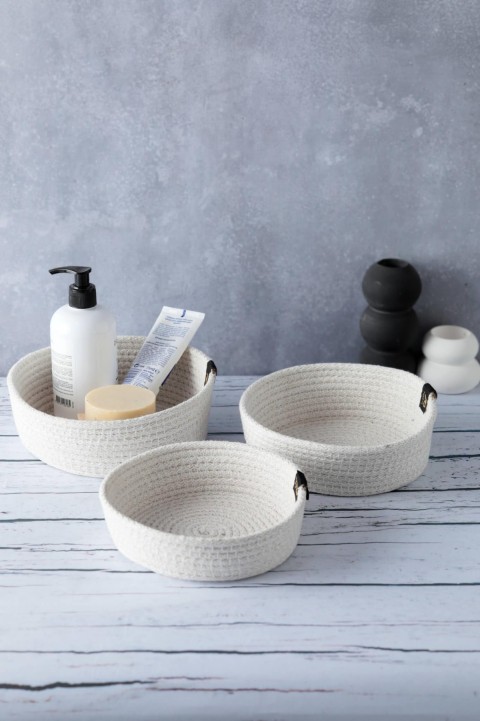 3lü Jüt Halat Hasır Dekoratif Sepet | Mutfak Banyo Organizeri - Krem