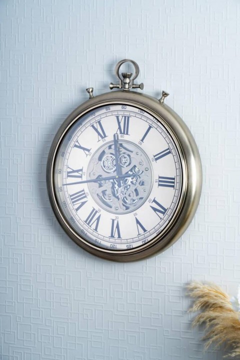 Acar Gümüş Detaylı Dekoratif Çarklı Duvar Saati - 52 cm Gümüş JOY-07431