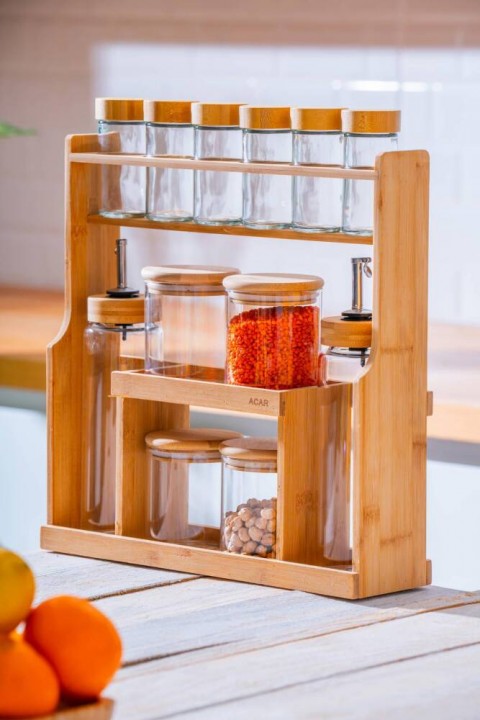 Acar Malibu Bambu Standlı 12 li Borosilikat Cam Baharatlık Seti LND-07589