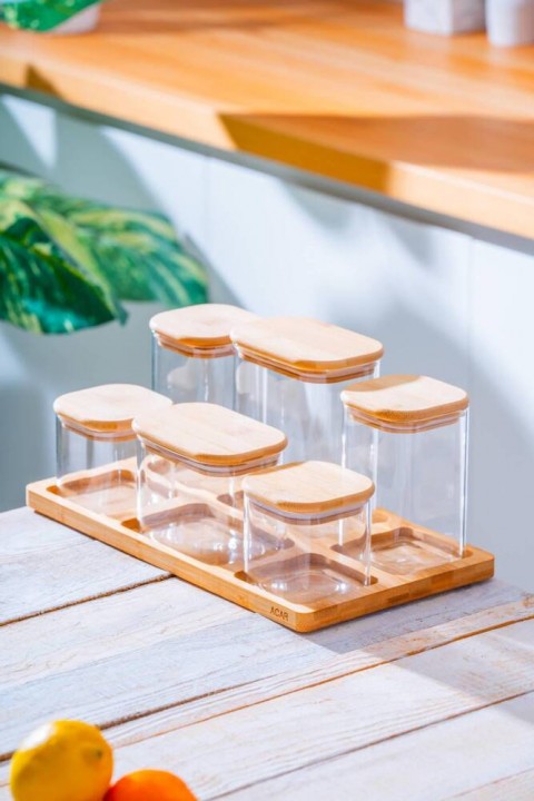 Acar Malibu Bambu Standlı 6 lı Borosilikat Cam Baharatlık Seti LND-07585