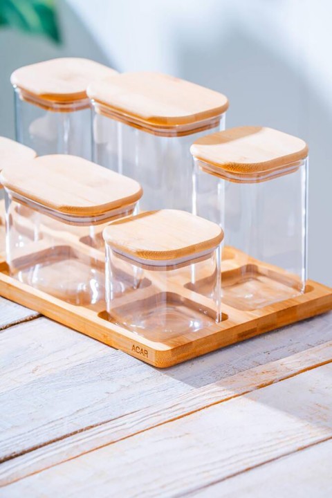 Acar Malibu Bambu Standlı 6 lı Borosilikat Cam Baharatlık Seti LND-07585