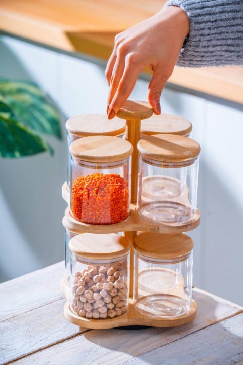 Acar Malibu Bambu Standlı 8 li Borosilikat Cam Baharatlık Seti LND-07586